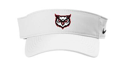 White visor with a red and black logo on a white background
